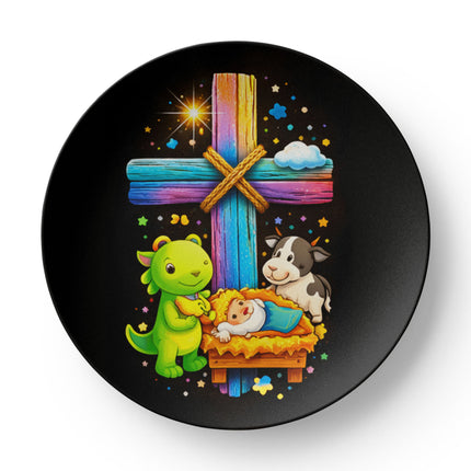 Baby Jesus Nativity & Dino Rainbow Cross Ceramic Plate – Christian Gift for Kids