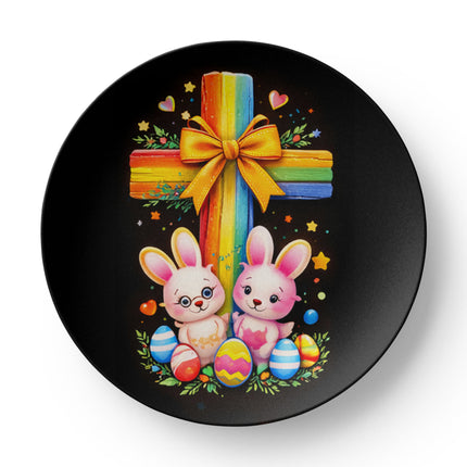 Easter Bunnies & Eggs Rainbow Cross Ceramic Plate – Christian Gift for Kids