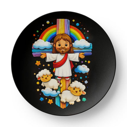 Jesus & Little Lambs Rainbow Ceramic Plate – Christian Gift for Kids