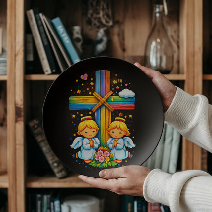 Praying Angels Rainbow Cross Ceramic Plate – Christian Gift for Kids