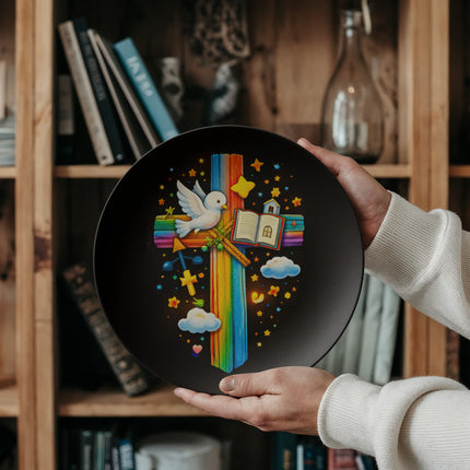 Dove & Open Bible Rainbow Cross Ceramic Plate – Christian Gift for Kids