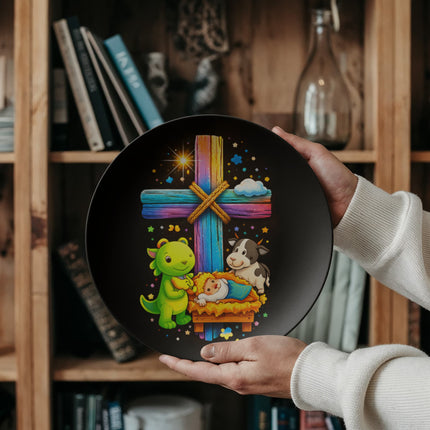 Baby Jesus Nativity & Dino Rainbow Cross Ceramic Plate – Christian Gift for Kids