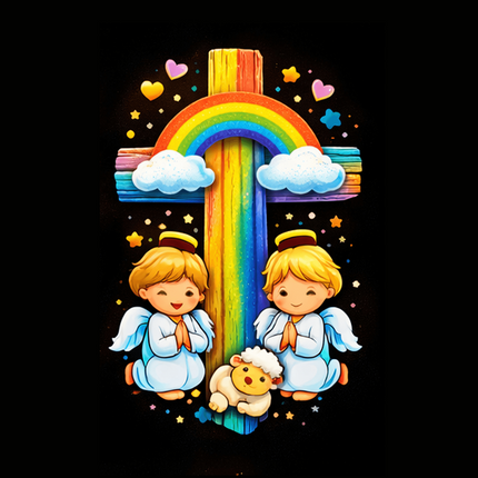 Angels & Lamb Rainbow Cross Ceramic Plate – Christian Gift for Kids