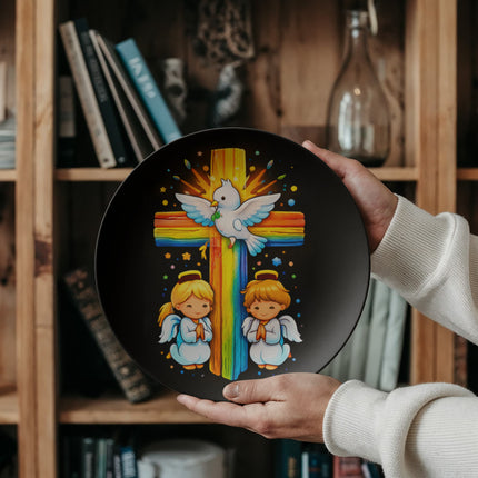 Dove & Praying Angels Rainbow Cross Ceramic Plate – Christian Gift for Kids