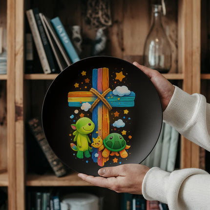 Cuddly Turtles Rainbow Cross Ceramic Plate – Christian Gift for Kids