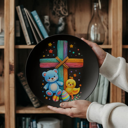 Rainbow Cross Teddy Bear & Chick Ceramic Plate – Christian Gift for Kids