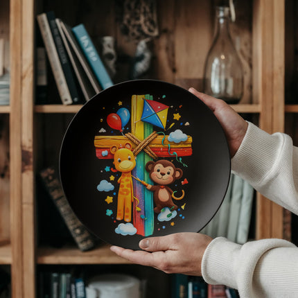 Giraffe & Monkey Rainbow Cross Ceramic Plate – Christian Gift for Kids