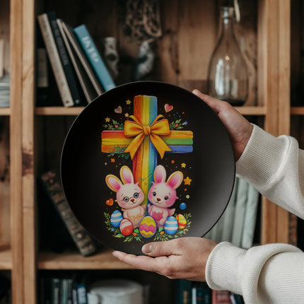 Easter Bunnies & Eggs Rainbow Cross Ceramic Plate – Christian Gift for Kids