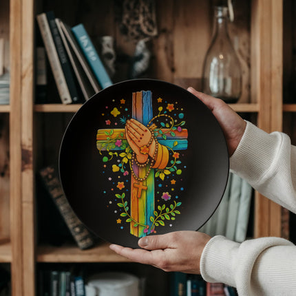 Praying Hands & Rosary Rainbow Cross Ceramic Plate – Christian Gift for Kids