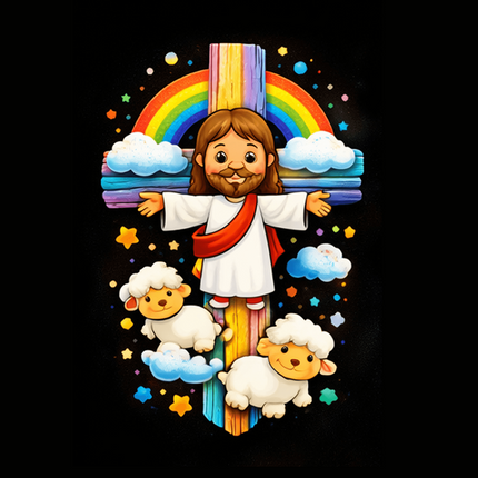 Jesus & Little Lambs Rainbow Ceramic Plate – Christian Gift for Kids
