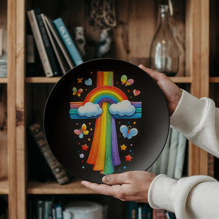 Rainbow & Clouds Cross Ceramic Plate – Christian Gift for Kids