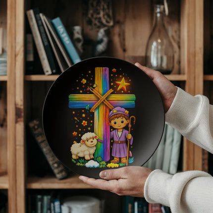 Shepherd Boy & Lamb Rainbow Cross Ceramic Plate – Christian Gift for Kids