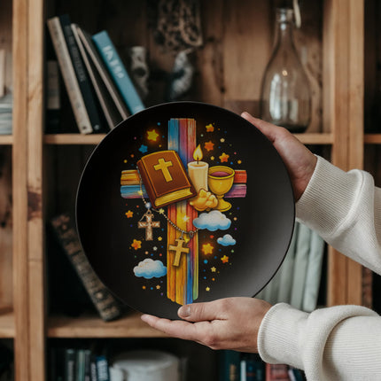 First Communion Bible & Chalice Rainbow Cross Ceramic Plate – Christian Gift for Kids