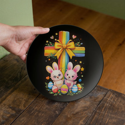 Easter Bunnies & Eggs Rainbow Cross Ceramic Plate – Christian Gift for Kids