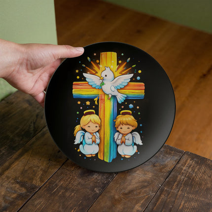 Dove & Praying Angels Rainbow Cross Ceramic Plate – Christian Gift for Kids