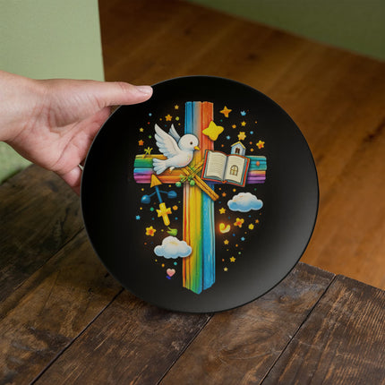 Dove & Open Bible Rainbow Cross Ceramic Plate – Christian Gift for Kids