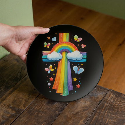 Rainbow & Clouds Cross Ceramic Plate – Christian Gift for Kids