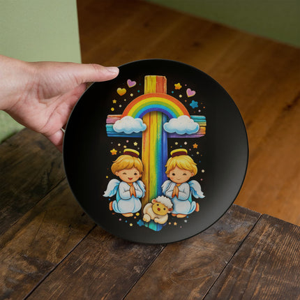 Angels & Lamb Rainbow Cross Ceramic Plate – Christian Gift for Kids
