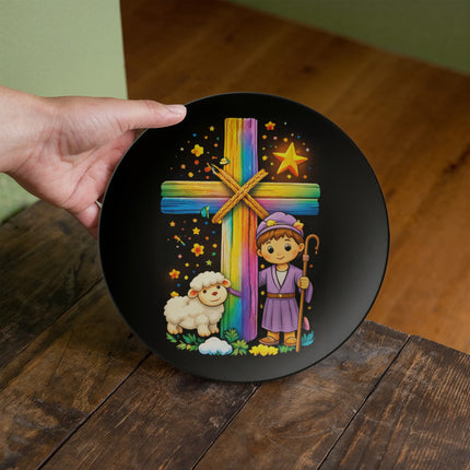 Shepherd Boy & Lamb Rainbow Cross Ceramic Plate – Christian Gift for Kids