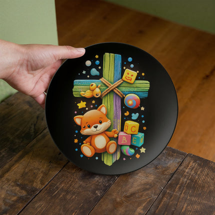 Kitten & ABC Blocks Rainbow Cross Ceramic Plate – Christian Gift for Kids