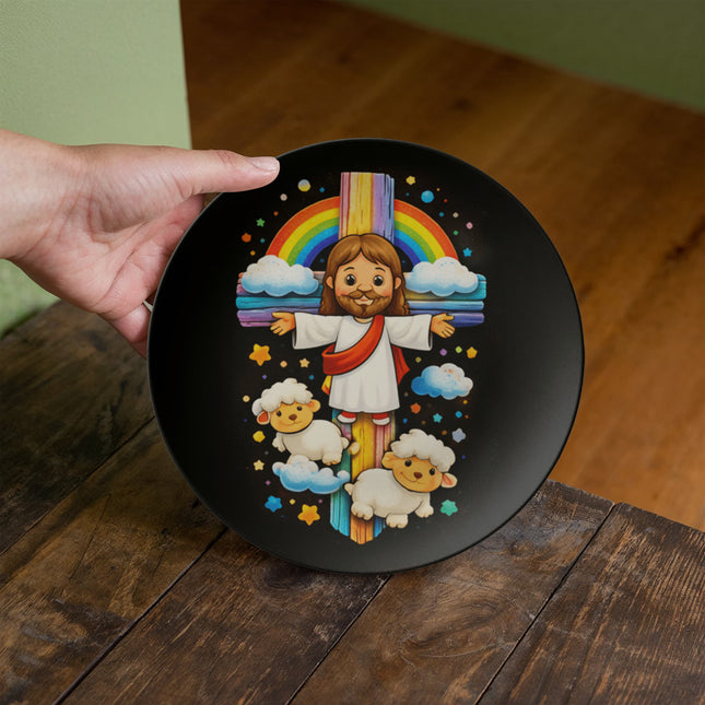 Jesus & Little Lambs Rainbow Ceramic Plate – Christian Gift for Kids