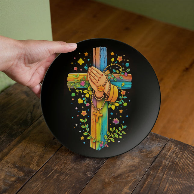 Praying Hands & Rosary Rainbow Cross Ceramic Plate – Christian Gift for Kids