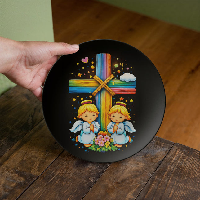 Praying Angels Rainbow Cross Ceramic Plate – Christian Gift for Kids