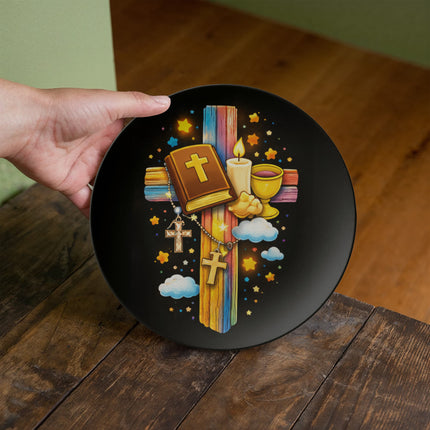 First Communion Bible & Chalice Rainbow Cross Ceramic Plate – Christian Gift for Kids
