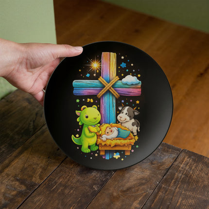 Baby Jesus Nativity & Dino Rainbow Cross Ceramic Plate – Christian Gift for Kids