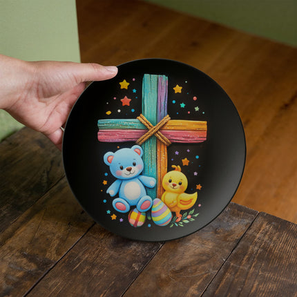 Rainbow Cross Teddy Bear & Chick Ceramic Plate – Christian Gift for Kids
