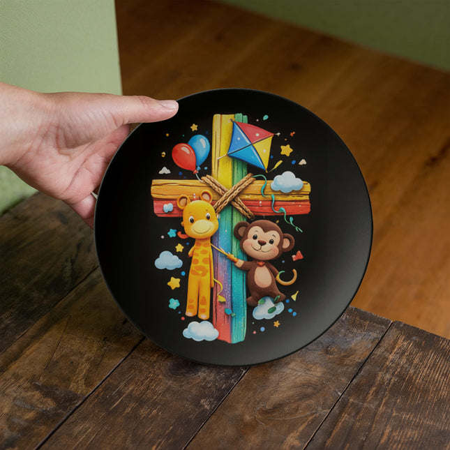 Giraffe & Monkey Rainbow Cross Ceramic Plate – Christian Gift for Kids