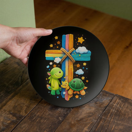 Cuddly Turtles Rainbow Cross Ceramic Plate – Christian Gift for Kids