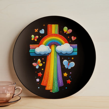 Rainbow & Clouds Cross Ceramic Plate – Christian Gift for Kids