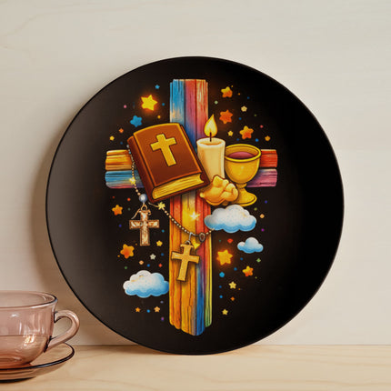 First Communion Bible & Chalice Rainbow Cross Ceramic Plate – Christian Gift for Kids
