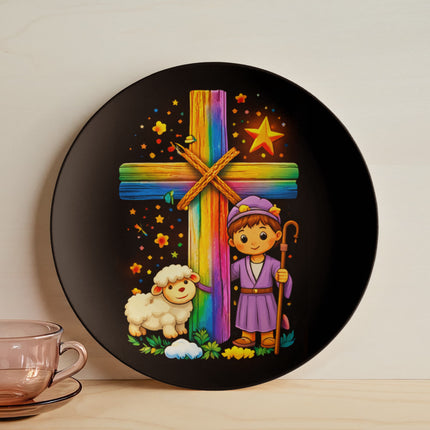 Shepherd Boy & Lamb Rainbow Cross Ceramic Plate – Christian Gift for Kids