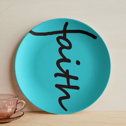 Teal “faith” 10 inch plate with black script – Christian kitchen decor gift