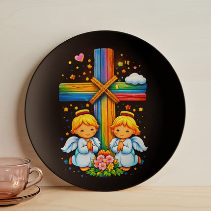Praying Angels Rainbow Cross Ceramic Plate – Christian Gift for Kids