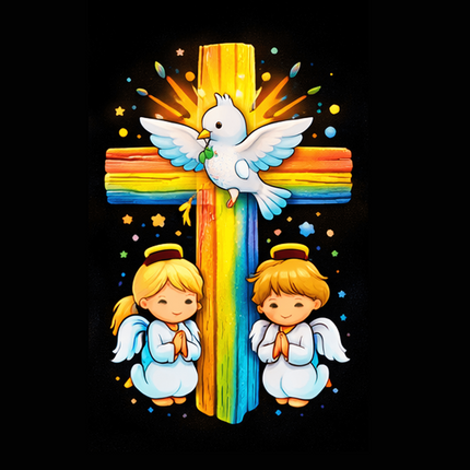 Dove & Praying Angels Rainbow Cross Ceramic Plate – Christian Gift for Kids