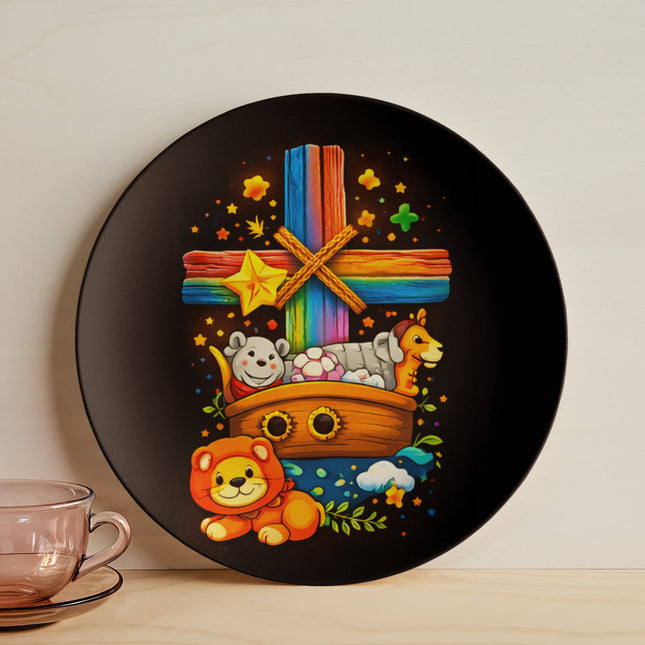 Noah's Ark Rainbow Cross Ceramic Plate – Christian Gift for Kids