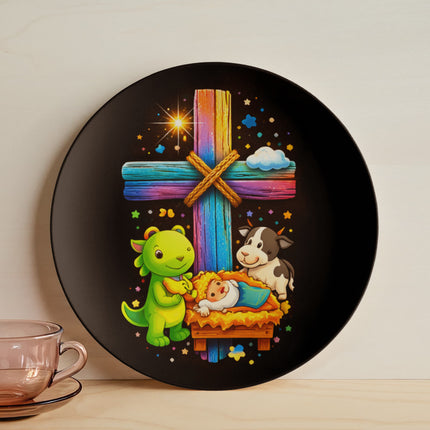 Baby Jesus Nativity & Dino Rainbow Cross Ceramic Plate – Christian Gift for Kids