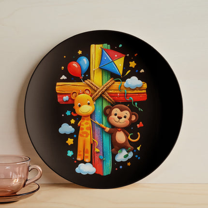 Giraffe & Monkey Rainbow Cross Ceramic Plate – Christian Gift for Kids