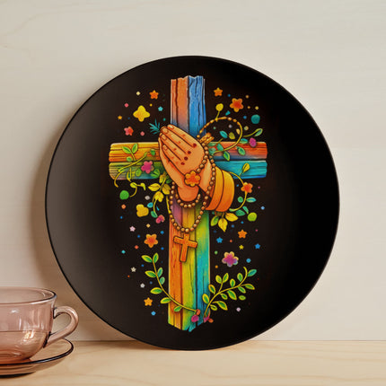 Praying Hands & Rosary Rainbow Cross Ceramic Plate – Christian Gift for Kids
