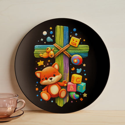 Kitten & ABC Blocks Rainbow Cross Ceramic Plate – Christian Gift for Kids