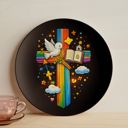 Dove & Open Bible Rainbow Cross Ceramic Plate – Christian Gift for Kids
