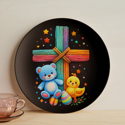 Rainbow Cross Teddy Bear & Chick Ceramic Plate – Christian Gift for Kids