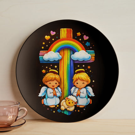 Angels & Lamb Rainbow Cross Ceramic Plate – Christian Gift for Kids
