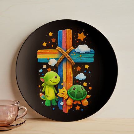 Cuddly Turtles Rainbow Cross Ceramic Plate – Christian Gift for Kids