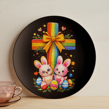 Easter Bunnies & Eggs Rainbow Cross Ceramic Plate – Christian Gift for Kids