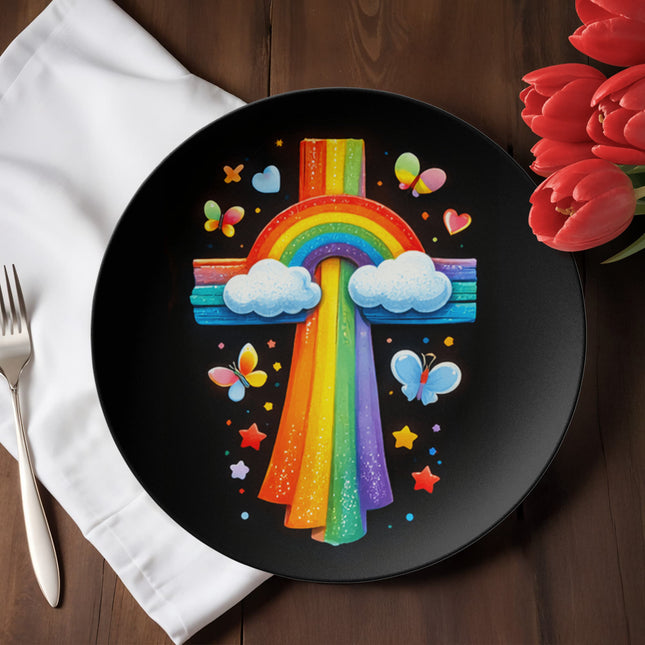 Rainbow & Clouds Cross Ceramic Plate – Christian Gift for Kids