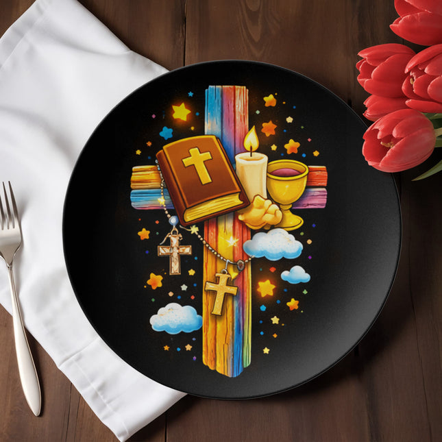 First Communion Bible & Chalice Rainbow Cross Ceramic Plate – Christian Gift for Kids